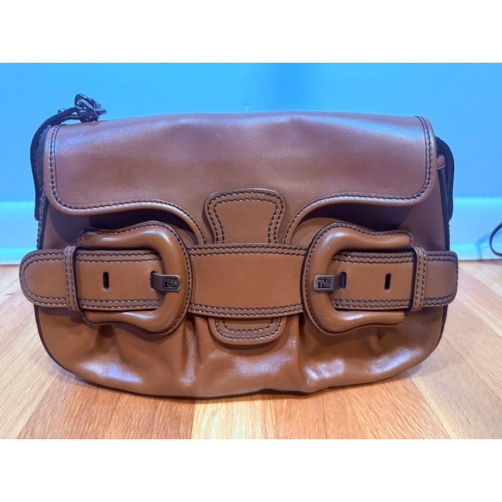 Fendi B Bis Shoulder Bag Rovere Tan Calfskin Double Buckle Chain Strap Authentic